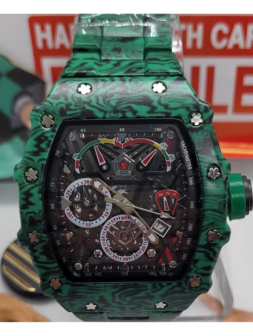 391 AJ Luxury Tonneau Skeleton Dial Quartz Date Green Metal Bracelet Watch w/Box